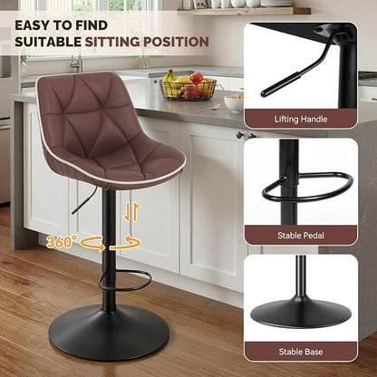 Nalupatio Bar Stools Set of 2, Adjustable Swivel Counter Height Bar Stools with Back, Armless Modern Barstools for Kitchen Island & Home Bar, Upholstered Seat,（Brown）