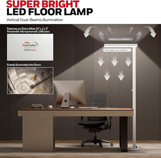 Honeywell 6000LM LED Floor Lamp, 02E Sunturalux Eye-Caring Reading Standing Light, 60W Modern Natural Daylight 4000K Dimmable 77" Tall Floor Lamps for Living Room Kids Study Home Office White