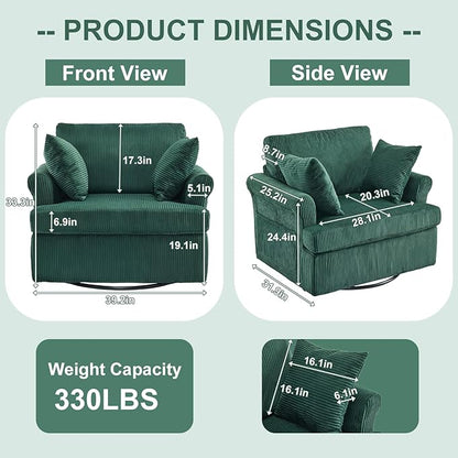 Karl home 39" Swivel Accent Chair,Oversized Seat Armchair W/2 Pillows and 4 Pockets,Modern Upholstered Corduroy Barrel Chairs,Comfy Single Sofa for Living Room,Reading,Bedroom and Office-Dark Green