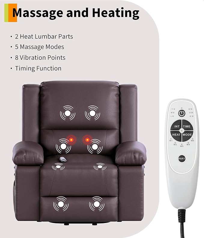 GarveeHome Power Lift Recliner Chair - Heat and Massage, PU Leather Electric Lift Recliner for Elderly & Mobility Impaired, Adjustable Back and Legs, Heavy Duty Lift Chair for Seniors