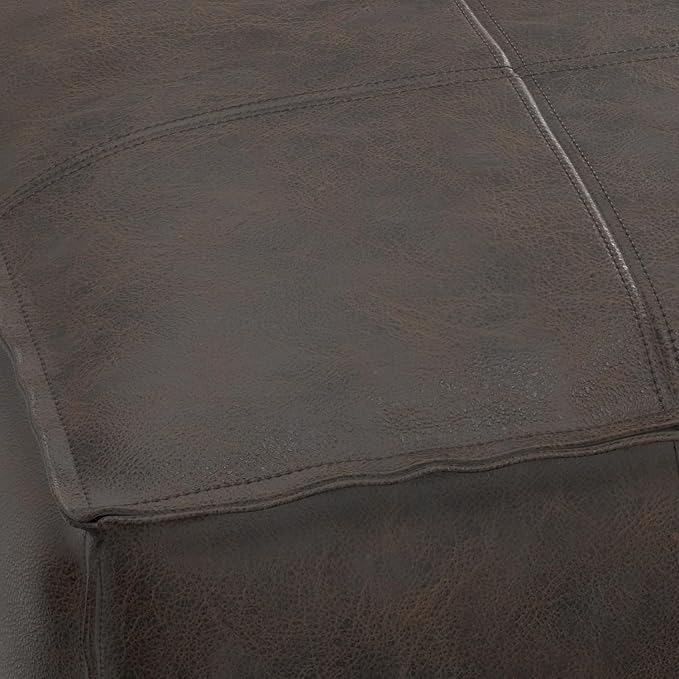 SIMPLIHOME Sheffield Boho Square Pouf in Distressed Dark Brown Leather for the Living Room, Bedroom and Kids Room