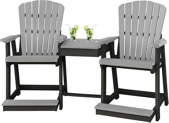 DutchCrafters Plastic Poly Outdoor Bistro Set with 2 Chairs and Attached Center Table, 3 Piece Patio Furniture Set - Amish Made in USA (Black & Light Gray)