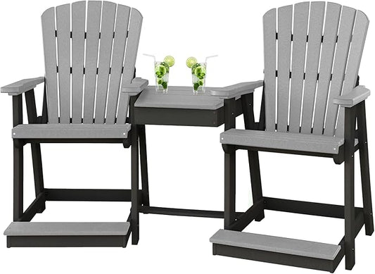 DutchCrafters Plastic Poly Outdoor Bistro Set with 2 Chairs and Attached Center Table, 3 Piece Patio Furniture Set - Amish Made in USA (Black & Light Gray)