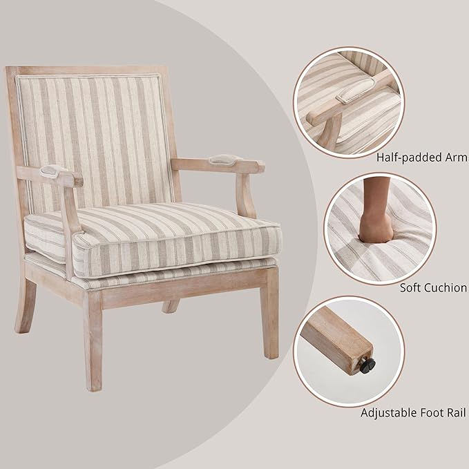 chairus Farmhouse Linen Accent Chair Set of 2, Upholstered Reading Chair with Solid Wood Frame Lounge Arm Chair with High Back for Living Room, Reception Room, Waiting Room, Khaki Stripe