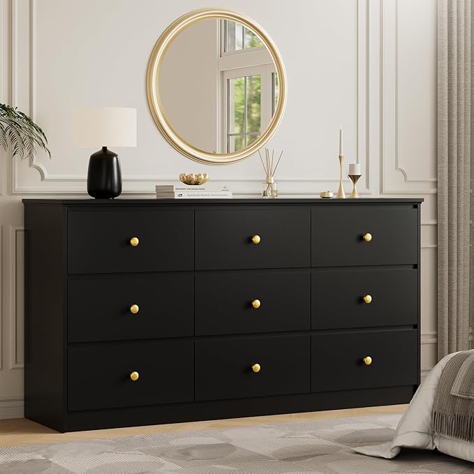 9 Drawer Dresser for Bedroom, 59" Wide Black Chest of Drawers, Wooden Dresser with 9 Drawers with Ample Storage, Modern Storage Organizer for Hallway,Nursery