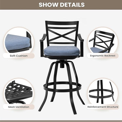Pellebant 30" Sunbrella Outdoor Bar Stools Set of 4, Aluminum Swivel Patio Bar Height Bar Stools with Back & Footrest, for Deck Lawn Garden(Spectrum Denim)