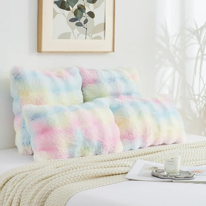FUTEI Rainbow Decorative Throw Pillow Covers 26x26 Inch Set of 2,Soft Fuzzy Faux Rabbit Fur Euro Pillow Shams with Raised Texture,Neutral Boho Home Decor for Couch Bed Living Room
