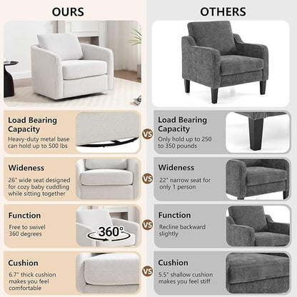 MINCETA Oversized Accent Chair for Living Room, 360° Swivel Barrel Chair with High Density Foam, Modern Reading Chair with Performance Fabric Upholstered Armchair for Apartment, Bedroom White