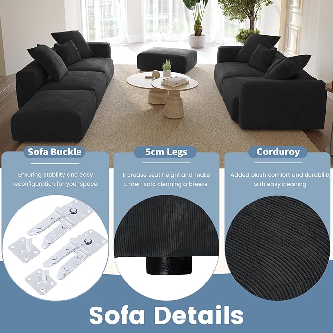 WJShome Cloud Couch Modular Sectional Sofa,181.1inch U Shaped Couch,Oversized Corduroy Couches with Ottoman and 6 Pillows,Black 6 Seater,Cushion Covers Removable& Washable