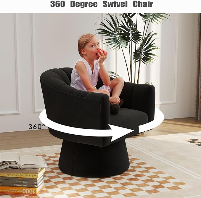 Swivel Accent Chair Set of 2, Upholstered Velvet 360° Swivel Barrel Chair for Living Room Overstuffed Bouncle Reading Chair Round Armchair for Bedroom,Vanity,Office (Black)