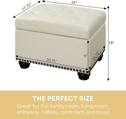 Convenience Concepts Designs4Comfort 5th Avenue Upholstered Storage Ottoman 24" - Contemporary Foot Stool and Seat with Hinged Lid for Living Room, Dining Room, Office, Den, Blue Faux Leather