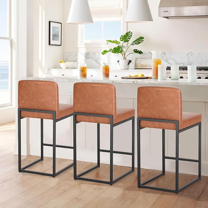 PHI VILLA Bar Stools Set of 3 - Counter Height Bar Stool Leather Stools for Kitchen Counter, Brown Bar Stools with Back