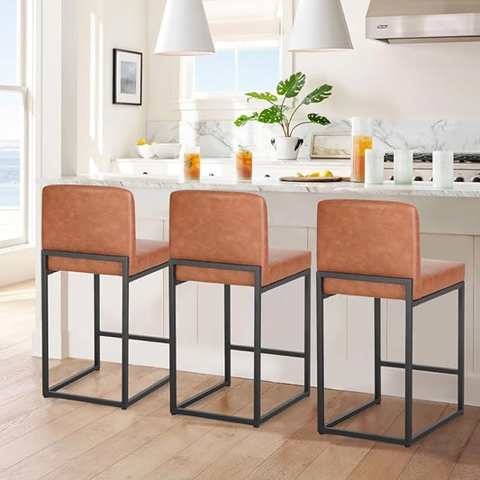 PHI VILLA Bar Stools Set of 3 - Counter Height Bar Stool Leather Stools for Kitchen Counter, Brown Bar Stools with Back