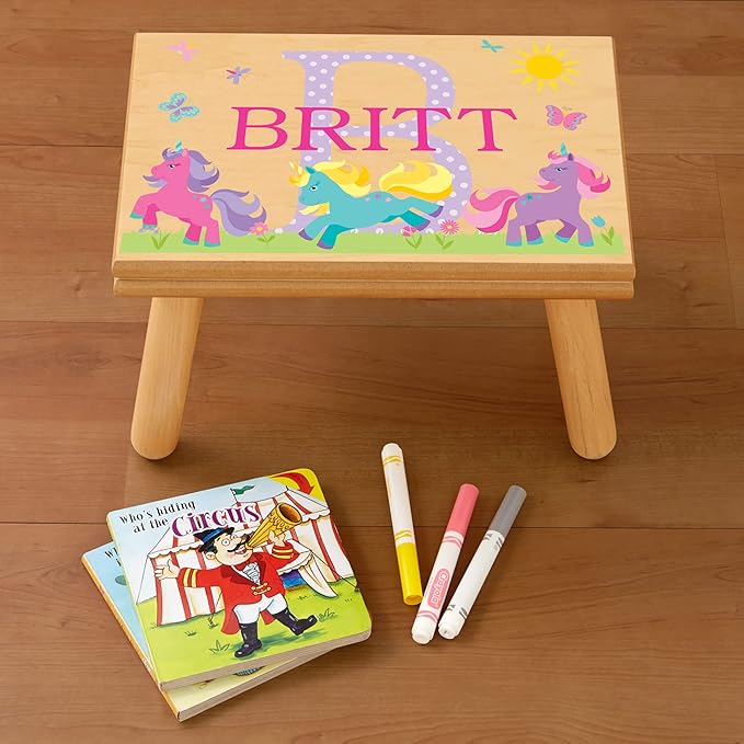 Let’s Make Memories Personalized My Own Name Step Stool - Children’s Step Stool - Sturdy Wood – Non-Toxic Paint, Sealer - Unicorn Design - Espresso - 14’Wx9.25”Lx8.75”H - Ages 3+
