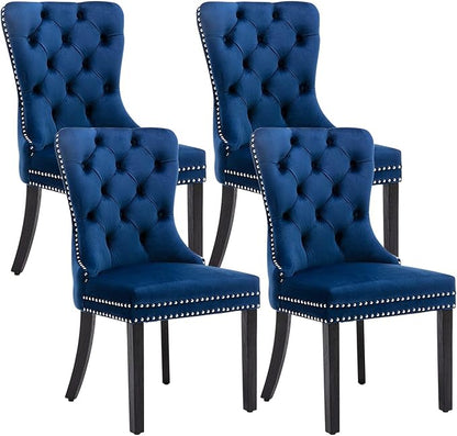 Velvet Dining Chairs Set of 4, Upholstered Dining Room Chairs with Nailhead Ring Pull Trim, Button Tufted Wing Back Chairs for Dining with Solid Wood Legs for Kitchen Dining Room(Blue)