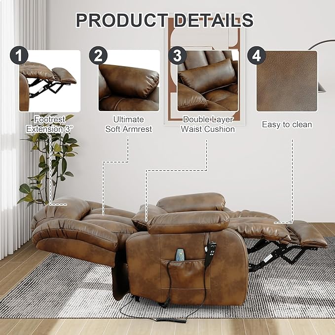 EDILLY Large Genuine Leather Power Lift Recliner Chair for Elderly, Dual Motor with Massage and Heating,with Double Lumbar Cushion and Extended Footrest,USB Port and Remote(Ocher)