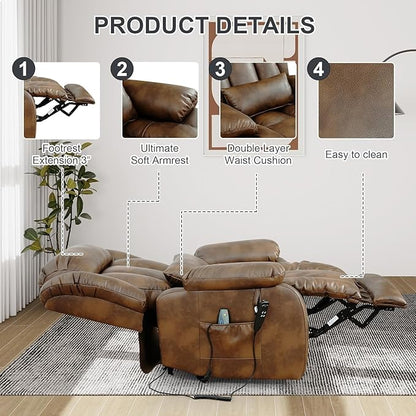 EDILLY Large Genuine Leather Power Lift Recliner Chair for Elderly, Dual Motor with Massage and Heating,with Double Lumbar Cushion and Extended Footrest,USB Port and Remote(Ocher)
