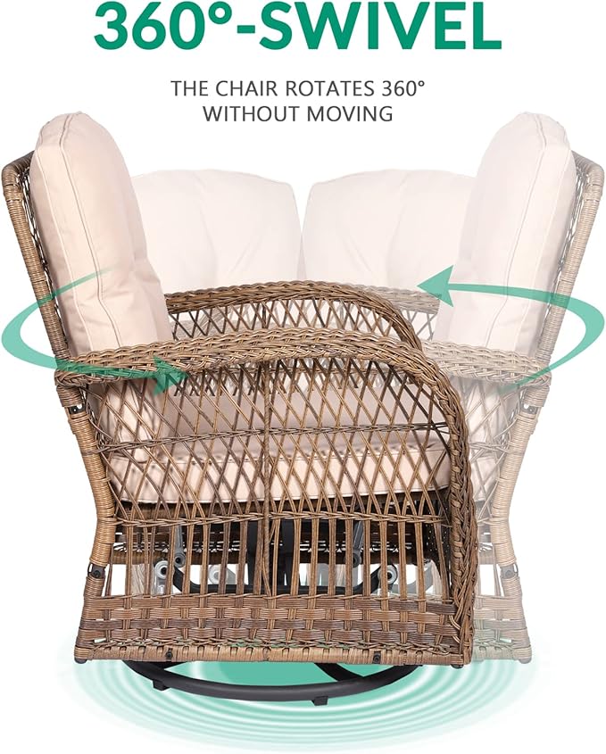 VIVIJASON 5-Piece Outdoor Patio Wicker Conversation Sets, All Weather Outdoor Rattan Furniture Set Includes Glider Loveseat, 2 Coffee Table, 2 Swivel-Gliders Chairs with Cushions, Light Brown
