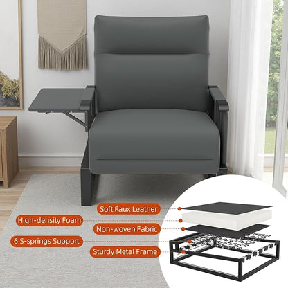 Upholstered Accent Chairs Set of 2, Modern Faux Leather Sofa Chairs with Foldable Side Tray Table & Storage Pocket, Small Accent Sofas for Living Room, Bedroom, Gray