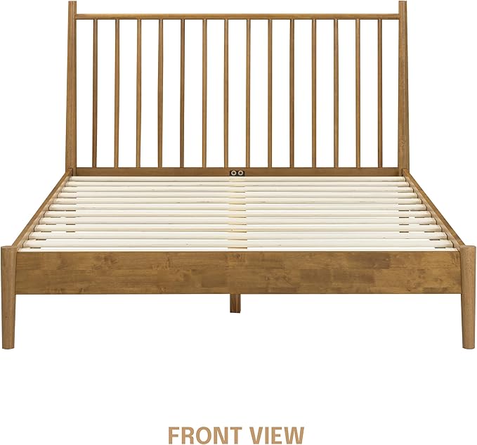 NTC Inno Wooden Bed Frame with Headboard, Solid Oak and Rubber Wood Foundation with Silent Slats and Wood Central Supports, 1000 Lb Capacity, Effortless Assembly, Queen - Teak Look