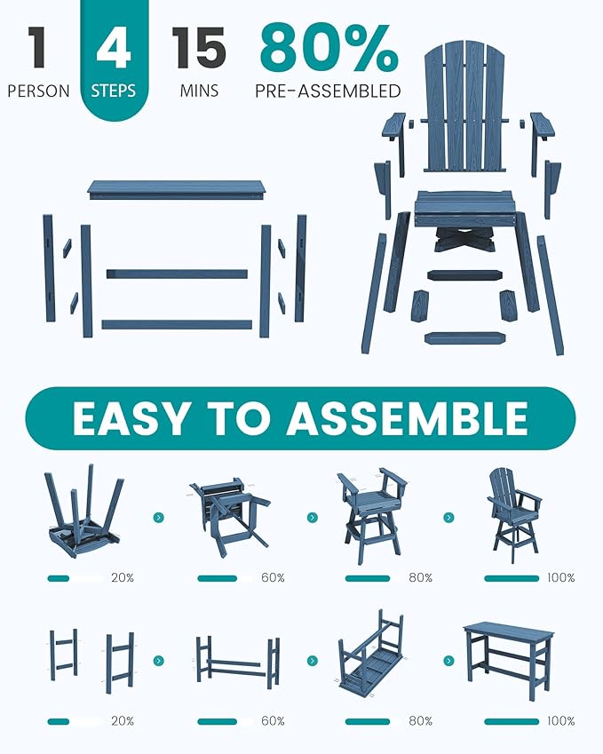 SERWALL 3-Piece Swivel Adirondack Bar Set, HDPE Swivel Bar Height Chairs Set of 2 with Bar Table, All-Weather Outdoor Barstools for Patio, Poolside, Garden, Blue