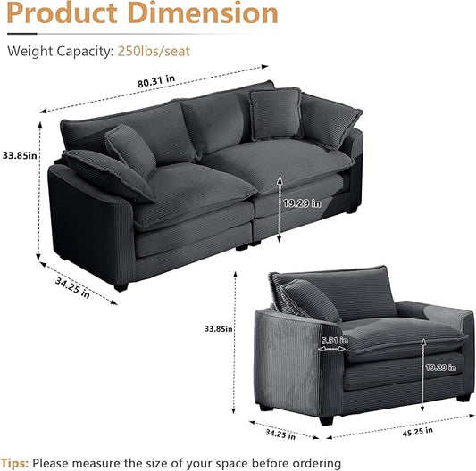 mikibama Luxury 3 Piece Sofa Set, Loveseat Couch & 2 Single Sofa Set, Modern Corduroy Comfy Cloud Couches Set for Living Room Office with 2 Armrest Pillows and 4 Toss Pillows, Grey