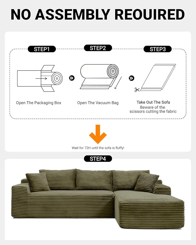 95 Inch Cloud Sectional Couch,Modular Sectional Sofa with Deep Seat,Modern Corduroy Boneless Couches with L-Shape Chaise for Living Room Bedroom,No Assembly Required (Green, Right Facing Chaise)