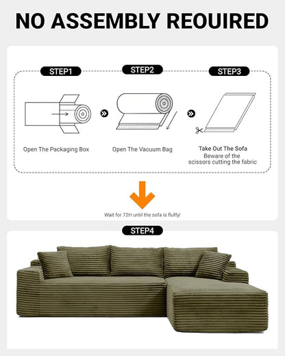 108 Inch Cloud Sectional Couch,Modern Modular Sectional Sofa with Deep Seat,Corduroy Boneless Couches with L-Shape Chaise for Living Room,No Assembly Required (Green, Right Facing Chaise)