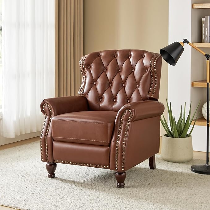 HULALA HOME Genuine Leather Recliner Chair with Solid Wood Feet, Modern Adjustable Tufted Push Back Arm Chair w/Rivet Decoration, Home Theater Seating Single Reclining Sofa for Living Room, Brown