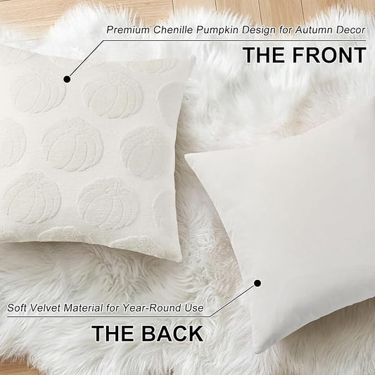 decorUhome Decorative Cream White Pumpkin Thanksgiving Throw Pillow Covers 18x18 Set of 2, Soft Chenille Jacquard Farmhouse Textured Pillow Covers for Couch Bed Sofa Autumn Harvest Halloween Holiday