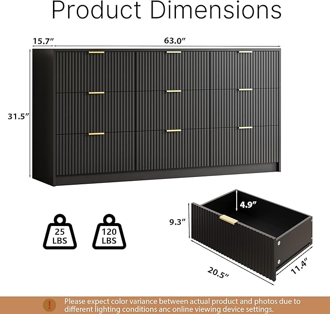 Black 9 Drawer Dresser for Bedroom, Modern Fluted Dresser with Gold Metal Handles, Wide Chest of Drawers for Bedroom, Living Room, Entryway, Hallway, 63" L x 15.7" D x 31.4" H