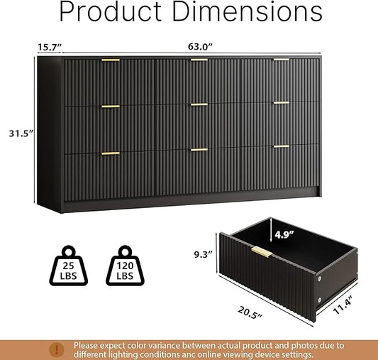 Black 9 Drawer Dresser for Bedroom, Modern Fluted Dresser with Gold Metal Handles, Wide Chest of Drawers for Bedroom, Living Room, Entryway, Hallway, 63" L x 15.7" D x 31.4" H