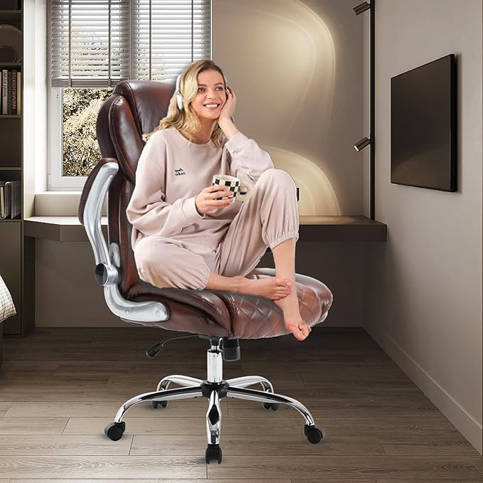 Executive Office Chair Brown, PU Leather High Back Office Desk Chairs with Wheels, 90-120° Rocking Managerial Ergonomic Big Tall Home Computer Chairs with Flip up Arms and Lumbar Support