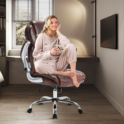 Executive Office Chair Brown, PU Leather High Back Office Desk Chairs with Wheels, 90-120° Rocking Managerial Ergonomic Big Tall Home Computer Chairs with Flip up Arms and Lumbar Support