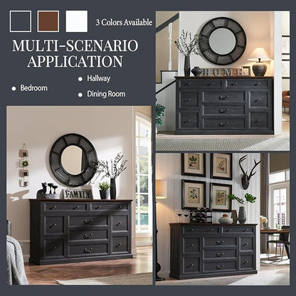 Farmhouse 9 Drawers Dresser for Bedroom, 60" Wide Wood Rustic Chest of Drawers, Large Storage Dressers Organizer for Bedroom, Living Room, Hallway, Dining Room, Dark Grey