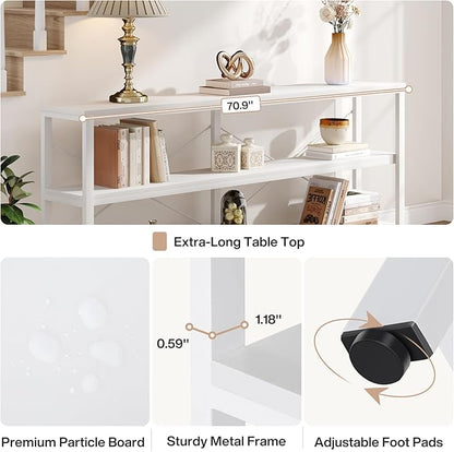Tribesigns 70.9-Inch Extra Long Console Table, 3-Tier Industrial Sofa Table with Metal Frame, Modern Behind Couch Table with Storage Shelves for Living Room Entryway Hallway Foyer (White)