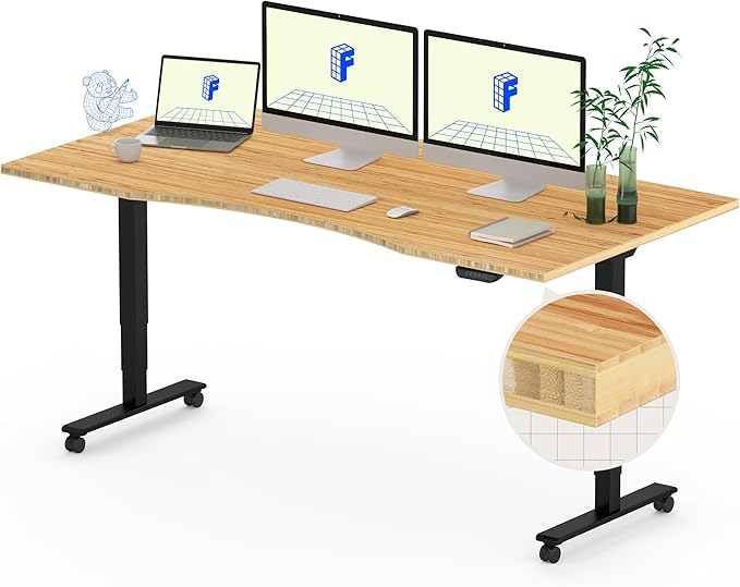 FLEXISPOT E6 MAX Bamboo 60x30 Inch Dual Motor 3-Stage Heavy Duty Standing Desk, 330lbs Weight Capacity, Height Adjustable Desk w/Cable Management & Wheels (Solid Bamboo Curved Desktop + Black Frame)