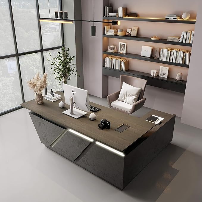 Adjustable Height L-Shaped Executive Desk with LED Light Strip - Black Inverted Trapezoid Design, Includes Storage Cabinet with Drawers & Doors, Ergonomic Standing Office Desk for Home & Office 78.7"