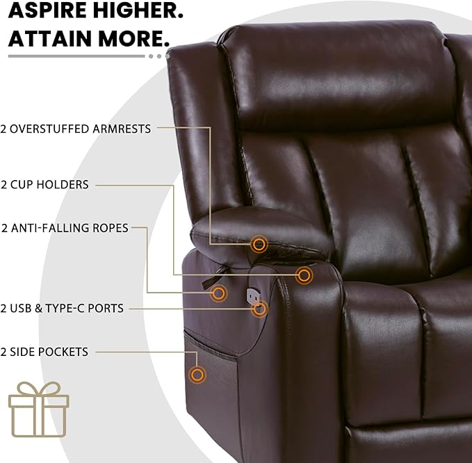 EONIX Dual Motor Oversized Power Lift Recliner Chair for Elderly, 400lbs Heavy Duty Faux Leather Recliner with Massage and Heat, Big and Tall Lay Flat Lift Chair with Cup Holders, SLRY006, Dark Brown