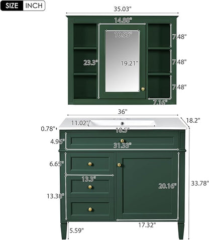 36" Bathroom Vanity with Matching Medicine Cabinet, Modern Sink Storage Cabinet with Drawers, Soft Closing Doors and Shelf, Bathroom Vanities with Sink & Mirror