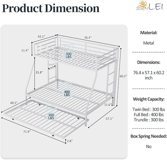 SUNLEI Metal Bunk Beds with Double Secured Ladders, Twin Over Full Bunk Bed with Surrounded Safety Guardrails, Space Saver Twin Beds, Noise Free for Small Bedroom, with Trundle, White
