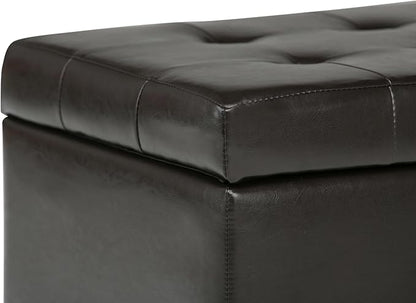 SIMPLIHOME Cosmopolitan Storage Ottoman - 34 inch Wide Upholstered Vegan Leather Rectangle Storage Ottoman Bench in Tanners Brown, Transitional Tufted Ottoman for Living Room with Lift-Up Lid
