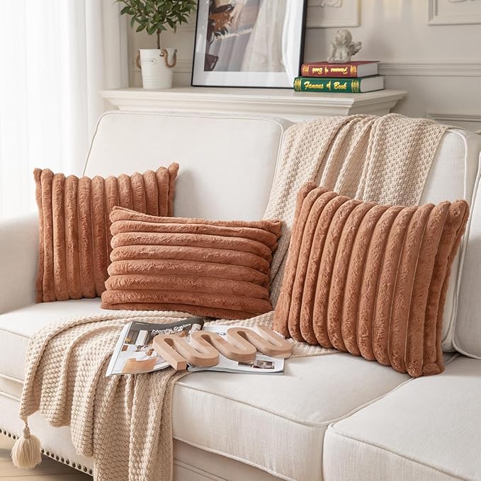 DEELAND Pack of 2,Double-Sided Faux Fur Plush Decorative Throw Pillow Covers Fuzzy Striped Soft Pillowcase Cushion Covers for Sofa Couch Bedroom Brown 12x20 inch