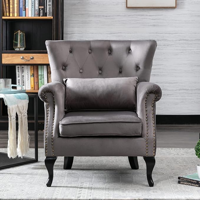 chairus Mid-Century Modern Accent Chairs Set of 2, Comfy Tufted Single Sofa Chair Wingback Armchair with Pillow for Club, Living Room, Bedroom - Velvet, Grey
