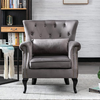 chairus Mid-Century Modern Accent Chairs Set of 2, Comfy Tufted Single Sofa Chair Wingback Armchair with Pillow for Club, Living Room, Bedroom - Velvet, Grey