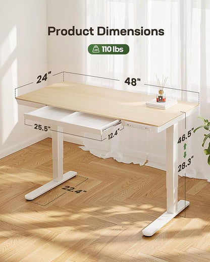Marsail Electric Solid Standing Desk, 48 x 24 inch Standing Desk with Drawer, Sit Stand Desk with Tabletop & USB Charging Ports, Height Adjustable Desk with Storage for Home & Office Natural