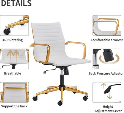 COROCC Office Desk Chair Modern Conference Room Task Chairs Leather Computer Swivel Excutive Ribbed Ergonomic Rolling Chair for Bed Room White and Gold Chair