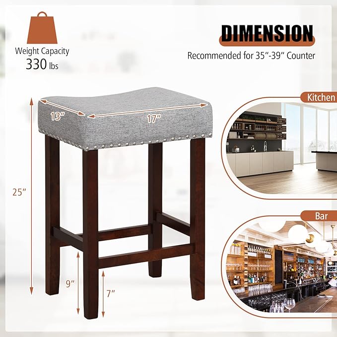 COSTWAY Counter Height Bar Stools Set of 2, 25-inch Backless Saddle Stools with Nailhead Trim, Rubber Wood Frame, Footrest, Max Load 330 Lbs, Upholstered Barstools for Kitchen Island Pub, Grey