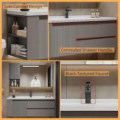 48IN Suspended Bathroom Cabinet Combo Set - Fully Functional LED Mirror Vanity with Smart Defogging & Time Display | Bathroom Vanity with Sink,Side Cabinets Storage Compartment (Style C)