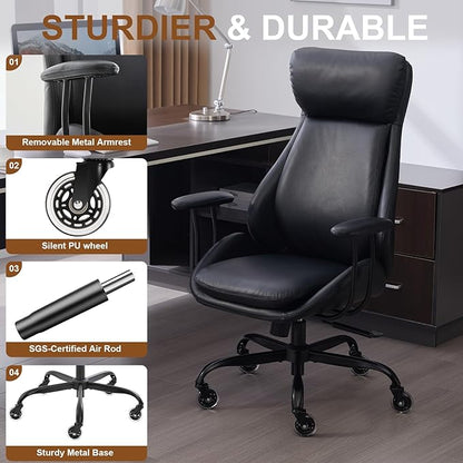 Home Office Desk Chair, PU Casters Ergonomic Computer Chair with Lumbar Support, Adjustable Height, 360°Rolling Swivel Chair, High Back Executive Task, Padded Armrests Chair, Black Leather
